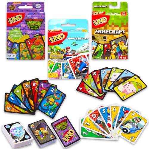 UNO Videospielkarten-Set – Bundle mit Minecraft, Super Mario, Teenage Mutant Ninja Turtles UNO Karten für Kinder plus Aufkleber, mehr | Minecraft, Mario, TMNT Aktivitäten für Kinder,