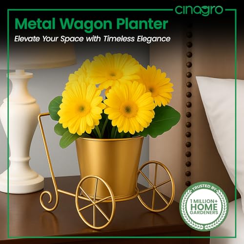 Image of CINAGRO Metal Wagon Planter, Gold Pram Rickshaw-Shaped Metal Plant Stand for Indoor & Outdoor Use, 2 Wheel Pot Stand, Flower Vase, Decorative Iron Pot Holder for Flowers & Ornaments, 27 x 13 x 21 cm