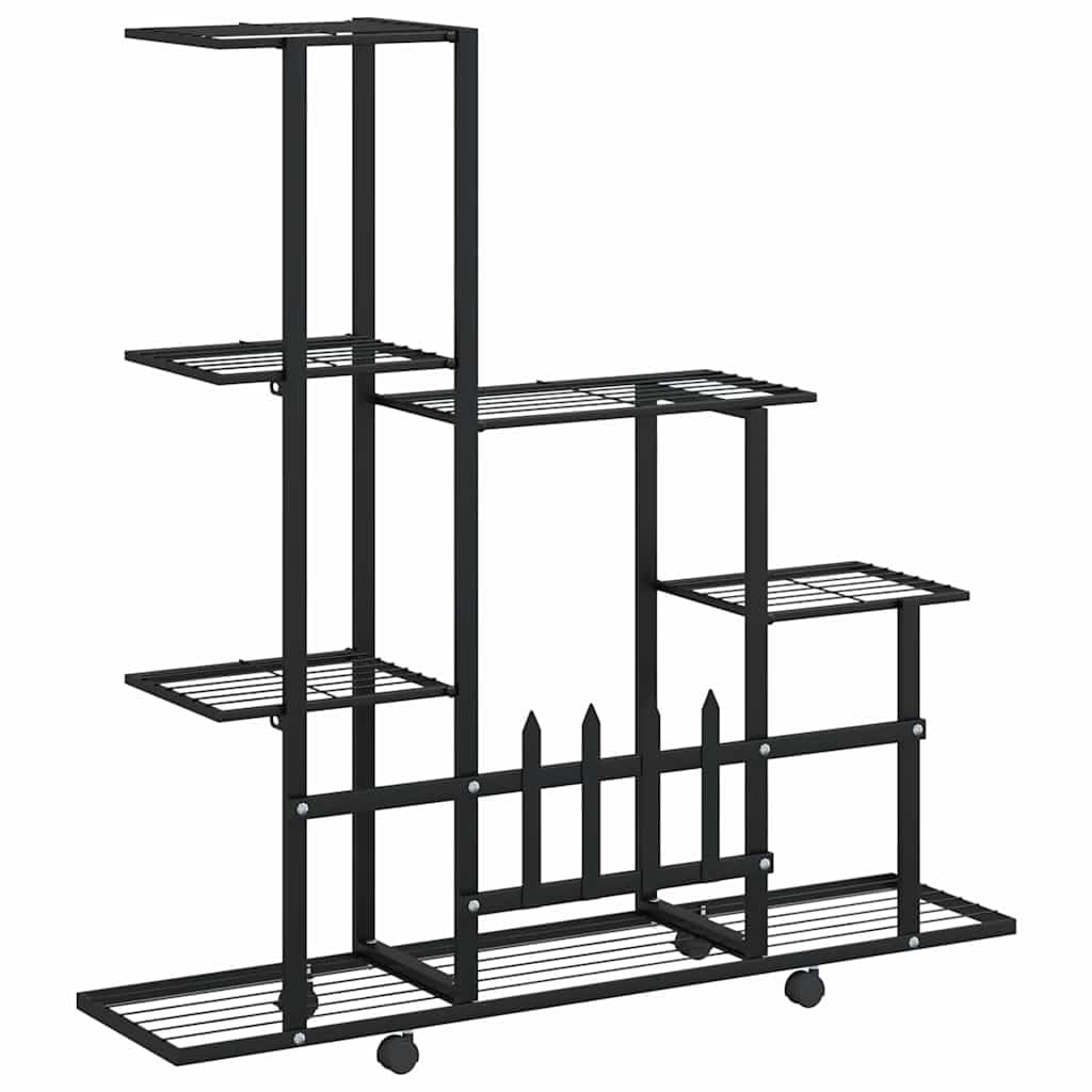 Blumenständer auf Rollen Metall schwarz 94,5x25x92,5 cm mit vier Rollen, Pflanzenständer und Blumentreppe für Balkon Terrasse Indoor, stabiles Pflanzregal als Deko Display und Aufbewahrung