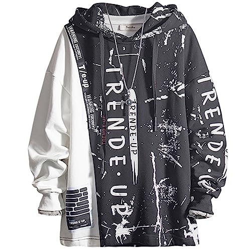 Men's Fashion Hoodies Techwear Soft Cotton Letter Print Sweatshirts, Unisex Lightweight Patchwork Hip Hop Pullover