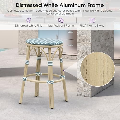 Image of PURPLE LEAF Outdoor French Round Bar Stool Set of 2 Oversized 30 inch Armless Rattan Barstools White Print Aluminum Footrest for Patio Yard Island Kitchen Bistro Wicker Chairs Soft Blue