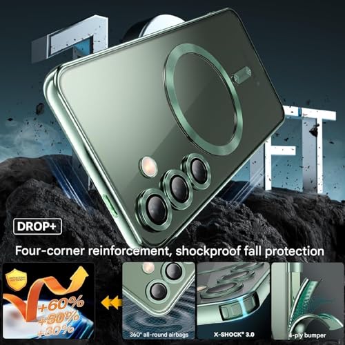 Image of VONZEE Clear Logo Electroplating Transparent Case For Samsung Galaxy S24 FE 5G, Magnetic Plating [Support For MagSafe Charger] Tpu Case Cover, Individual Camera Protection For Each Lens- Light Green