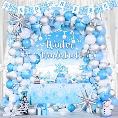 Blue Winter Wonderland Birthday Party Decorations Kit Snowflake Party Supplies with Balloon Garland Arch Banner Topper Backdrop Tablecloth for Winter Snow Princess Holiday Christmas Themed Birthday