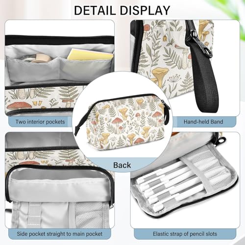 Image of Mushroom Leaves Beige Print Pencil Case Pouch Big Capacity Pencil Bag Box Organizer Pen Case with Compartmens Stationery Organizer for Girls Boys Women School College Office