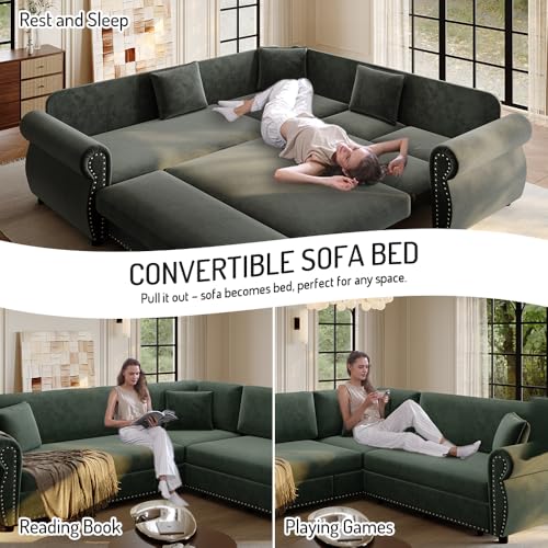 Image of KCGKCG 88.2 inch Sleeper Sofa Bed, Sectional Couches for Living Room /Apartment, Chenille L Shaped Couch with Pull Out Couch Bed, Convertible Sectional Sofa with Rolled Arm & Nailhead Trim, Green