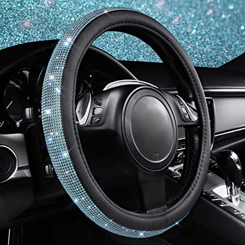 Image of CAR PASS Mint Diamond Black Leather Steering Wheel Cover, Bling Blue Crystal Rhinestones Universal Fit 14 inch1 /2-15 inch Crystal Glitter for Women Sparkle Girl Fit Suvs,Vans,Sedans,Cars,Trucks, Mint Diamond