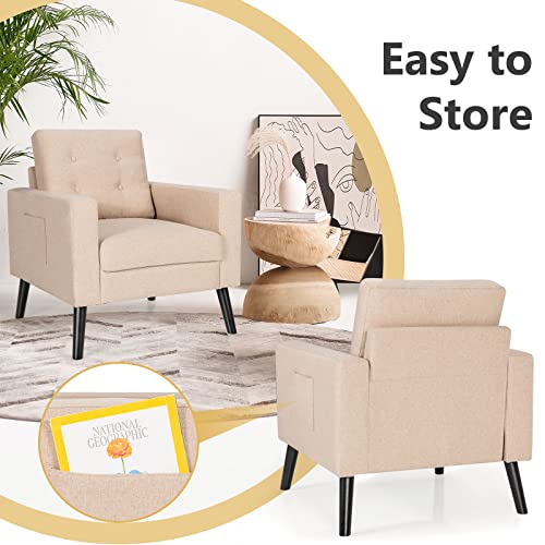 Giantex Set Of 2 Modern Accent Chair, Mid-Century Upholstered Armchair Club Chair With Rubber Wood Legs, Linen Fabric Single Sofa For Living Room Bedroom Office (2, Beige) #TOP5