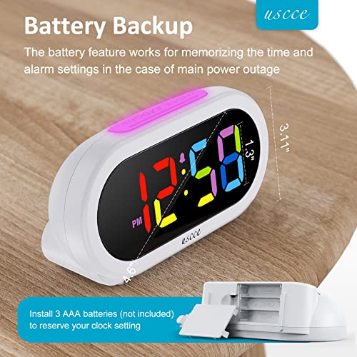 Uscce Small Colorful Alarm Clock For Kids Bedroom - 7 Color Night Light, 0-100% Dimmer, 5 Alarm Sounds, Usb Charger, Easy To Set, Snooze, 12/24Hr, Battery Backup, Compact Clock For Teens Boys Bedside #TOP6