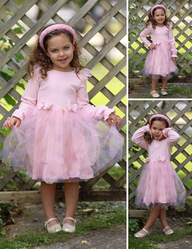 Image of Arshiner Toddler Girls Tulle Dresses with Bow Tie Fall Winter Long Sleeve Formal Party Dress 1-7 Y