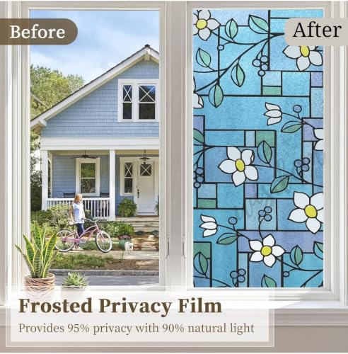 Image of WISDOM Privacy Window Film Frosted Glass Film Glass Film No Glue Anti-UV Window Sticker Non Adhesive for Privacy Office Meeting Room Bathroom Living Room (Flower Jasmine, 12 x 80 inch)
