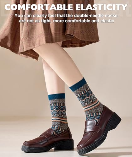 Image of IIG 3-5 Pairs Womens Vintage Cozy Crew Socks Soft Cute Neutral Cotton Socks Exquisite Patterns Socks Gift