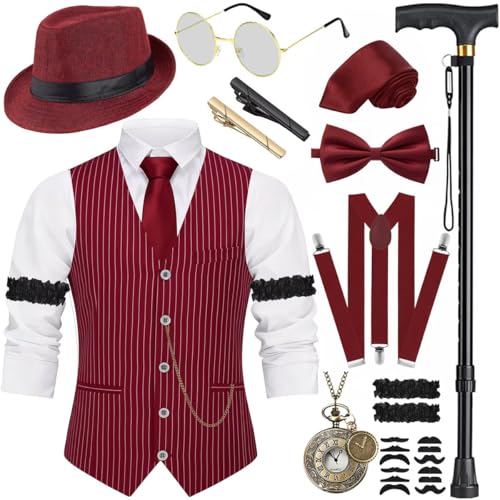 VillbeCoser 1920s Mens Costume, Roaring 20s Costumes Accessories Set Vest Foldable Crutches Fedora Hat Vintage Pocket Watch Bow Tie and Tie Gangster Costume 20s Party Outfits (Red M)