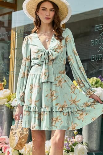 Image of Dokotoo Womens Casual Spring Fall 2025 Deep V Neck Knotted Tiered Chiffon Elegant Mini Short Swing Skater Dresses