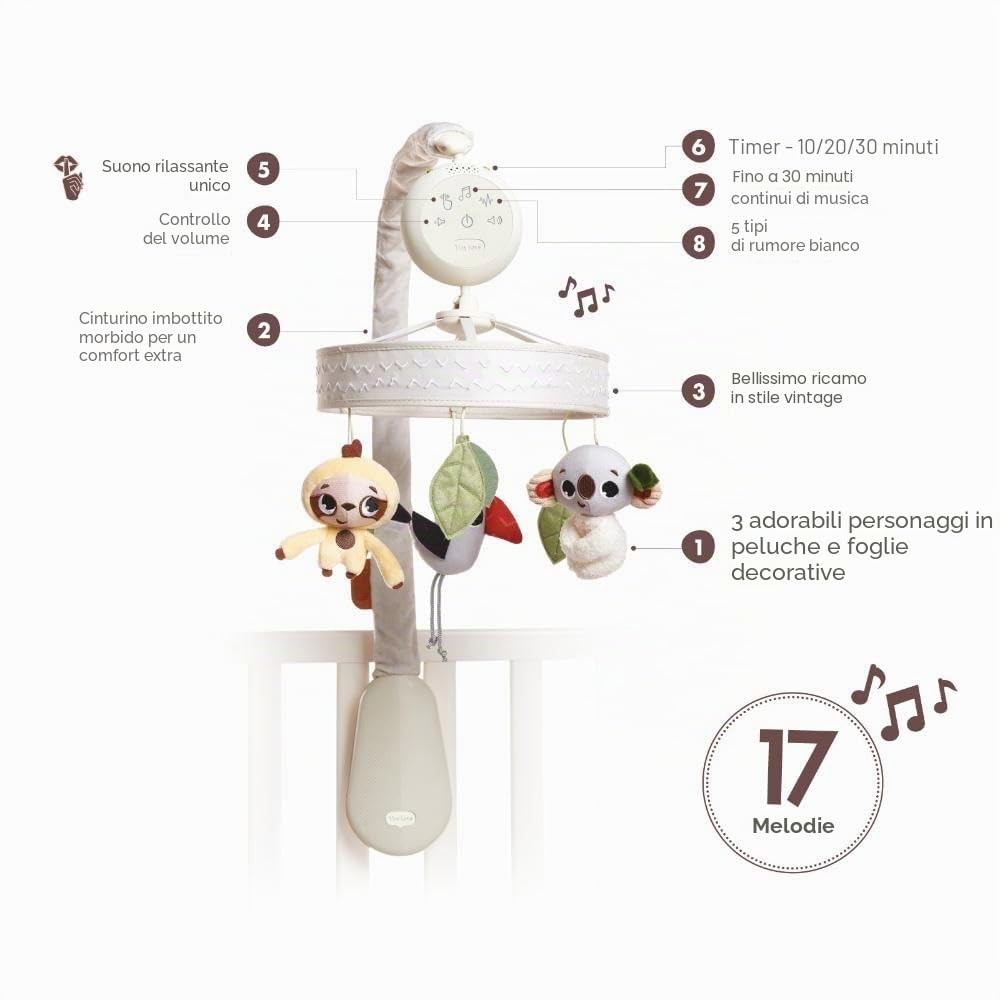 Tiny Love Boho Chic Giostrina culla neonato, giostrina musicale lettino con 17 melodie, suoni della natura e rumore bianco, timer spegnimento automatico, luce led, collezione boho chic