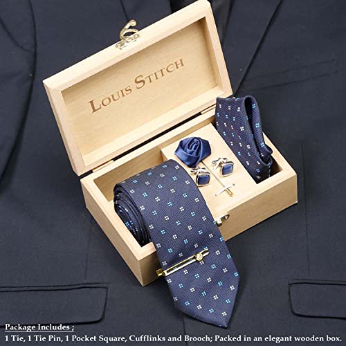Image of LOUIS STITCH Mens Silk NeckTie Golden Tiepin Gift Combo Set With Pocket Square Cufflinks Brooch Tie Golden Tiepin (Suit Accessories) (Britain)