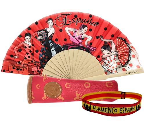 Pack de Abanico con Dibujo Baile Flamenco con Funda Artesanal Hecha en Ubrique y Pulsera de Tela – Diseño Tradicional Español Souvenir o Regalo (Rojo P España)
