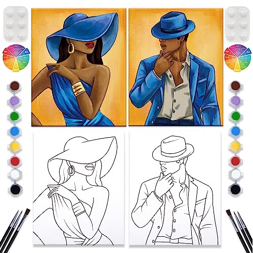 2 Pack Paint and Sip Canvas Painting Kit Pre Drawn Canvas for Painting for Adults Stretched Canvas Couples Games Date Night Afro Elegant Gentleman and Lady Couple Paint Party Valentines