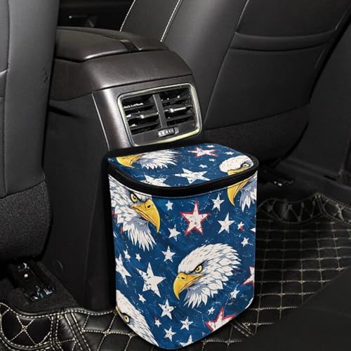 Image of Talayituse Eagle American Flag Print Car Trash Bin, Large Size Auto Trash Can Adjustable Portable Garbage Can with Lid, Vehicle Hanging Bag for Headrest Front Back Seat 4th of July Decor