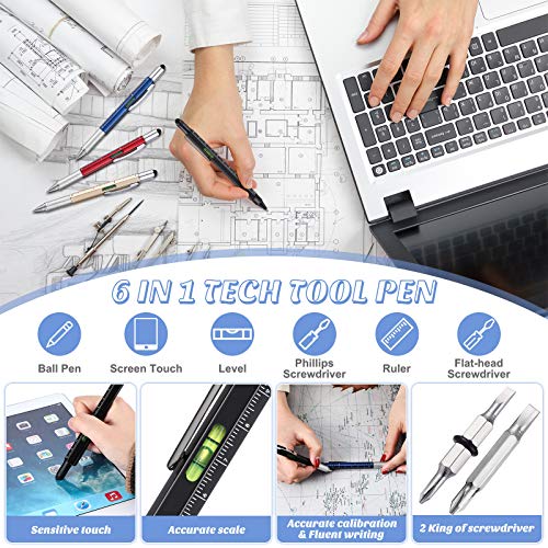 10 Pieces Multitool Pen Set, 9 Pieces 6 in 1 and 9 in 1 LED Light Touchscreen Multifunctional Stylus Pen with Ruler Level Bottle Opener Screwdriver, 10 Refills for Men (Multi-color)