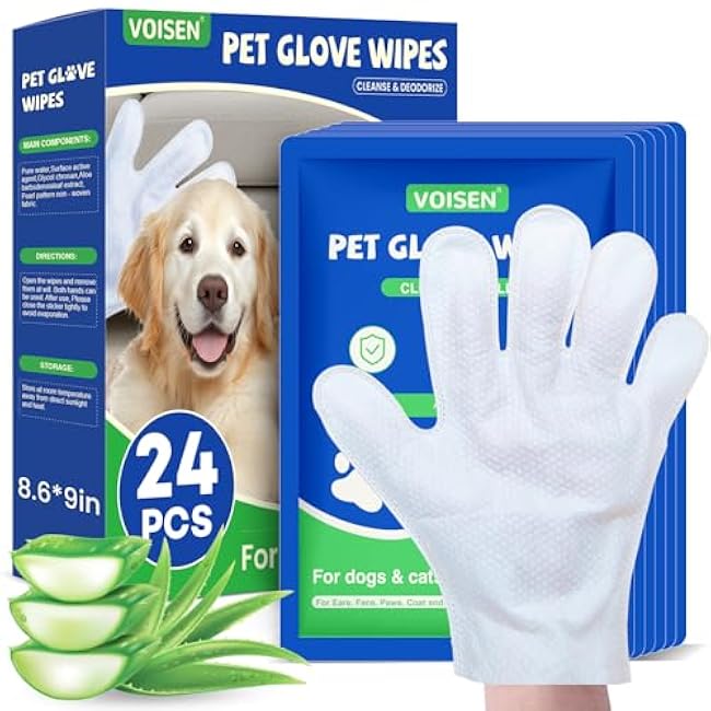VOISEN Pet Glove Wipes for Dogs,24 Pcs Pet Cleaning Gloves,Dog Wipes Cleaning Deodorizing,Unscented Thick Pet Wipes for Nourish Fur Daily Care and Travel-HB1blBYT