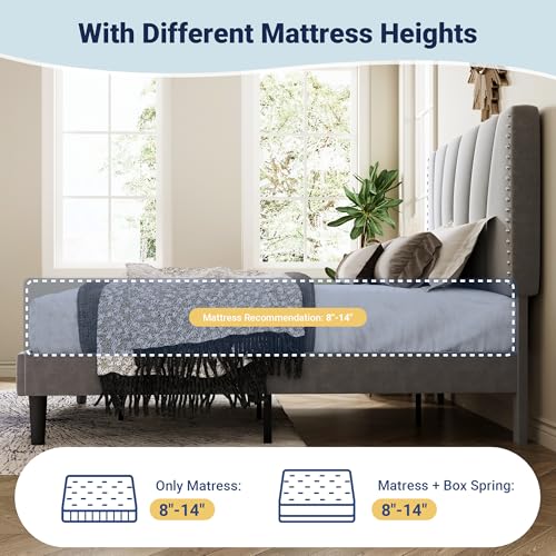 Image of Allewie King Size Velvet Platform Bed Frame with Adjustable Headboard, Grey | Height-Adjustable Velvet Headboard, Rivet-Style Nailhead Trim, Wooden Slat Support, No Box Spring Needed, Easy Assembly
