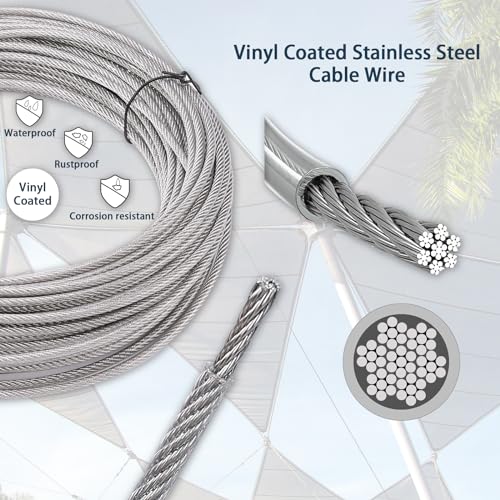 Unicaravan Shade Sail Hardware Kit 6 inch with 65.5FT 1/8\" Wire Rope Kit for Triangle Rectangle Sun Shade Sail Outdoor Installation turnbuckles for Cables Wire for Outdoor,Garden,Kitchen,Craft,123PCS - Thumbnail 4
