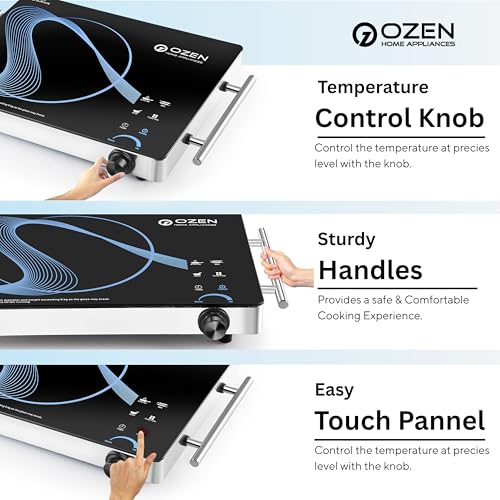 Image of OZEN 2200W Infrared Induction Stoves with Grill Rack for Barbecue, 3 Preset Cooking Modes, Crystal Glass Plate, Digital Display, Touch Control, SS Handle, Infrared Cooktop Chulha Hot Plate (Blue)