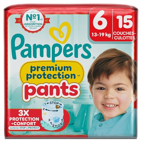 Pampers Premium Protection Pants Taille 6, 15 Couches-Culottes, 13kg-19kg, Avec un Maintien 360° et des Barrières Anti-fuites Douces 2 fois plus larges...