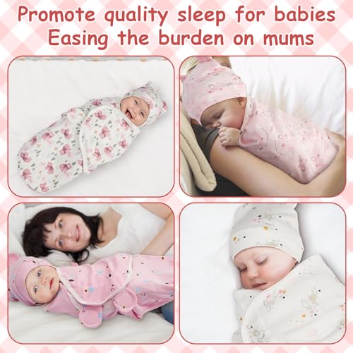 Image of Ramede 6 Pack Swaddle Blanket with Hats for Baby Girl Boy 100% Cotton Swaddles 0-3 Months, Adjustable Breathable Skin Friendly Receiving Blanket Wrap, Essential for Newborns(Bear,Pink)