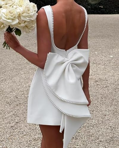 Satin Pearl Short Homecoming Dresses with Bow Bridal Wedding Cocktail Dress for Teens Women VS1813