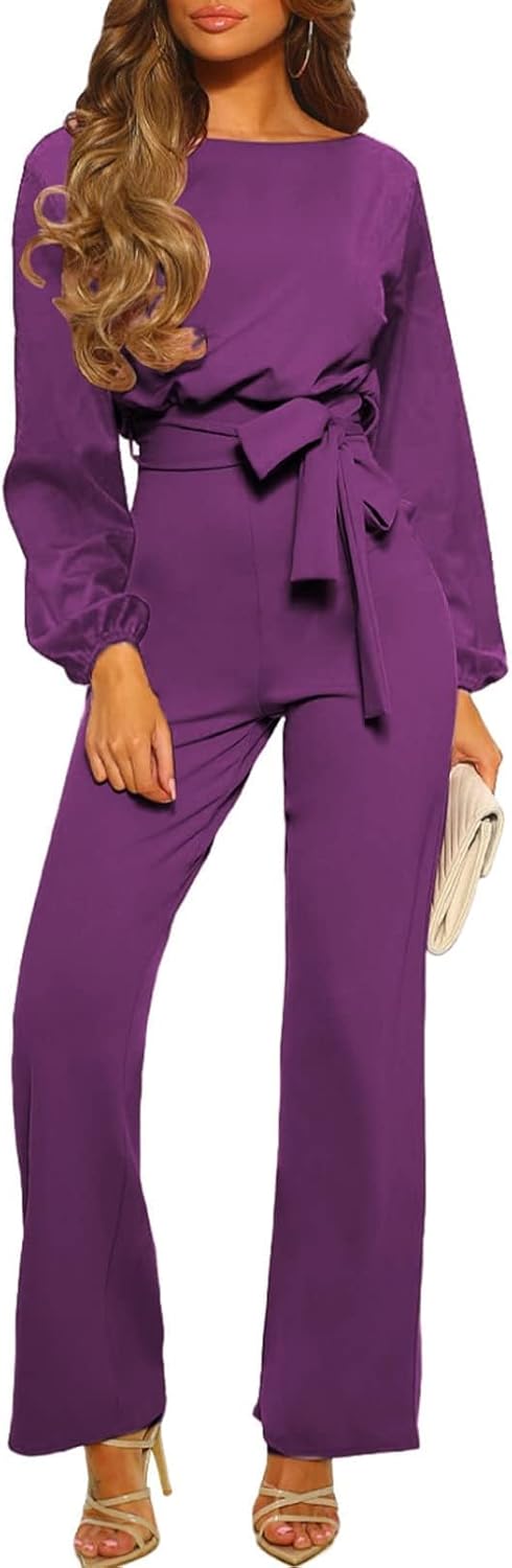 Happy Sailed Womens Dressy Jumpsuits Long Sleeve Belted Wide Leg Pant Romper Jumpsuit Wedding Guest Outfits
