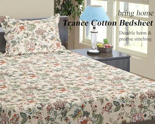 Image of Trance Home Linen 144TC 100% Cotton 72 inchx36 inch Single Bed Size Elastic Fitted Bedsheet | Printed Single Size Bed Elasticated Fitted Bedspread with 1 Pillow Cover (72x36 inch, Malhaar Beige)