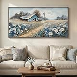 Large Framed Farmhouse Canvas Wall Art for Living Room, Vintage Rustic Barn Horizontal Canvas Prints, Country Blue Floral Wall Decor for Bedroom Hallway 30x60 Inch