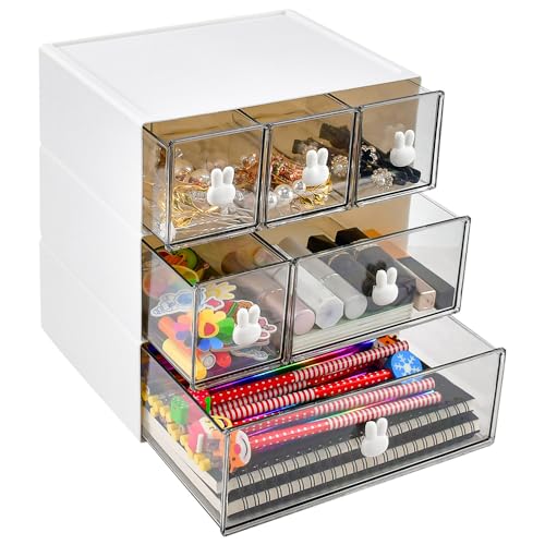 LANSKYLAN Organizer da Scrivania con Cassetti a 3 Livelli Portaoggetti Salvaspazio con 6 Cassetti Scatola Portaoggetti da Scrivania Impilabile Piccoli Cassetti Portaoggetti Plastica per Ufficio Casa