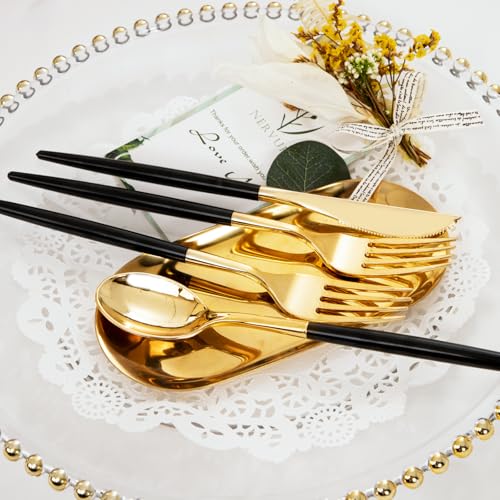 I00000 144 PCS Black Silverware Set, Plastic Silverware with Black Handle, Gold Plastic Cutlery Includes: 48 Forks, 48 Knives and 48 Spoons for Party or Dinner& Wedding by I00000 - Image 3