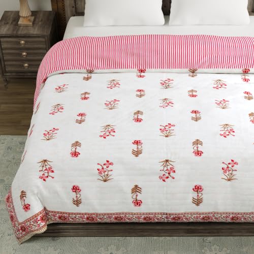 Image of BLOCKS OF INDIA Hand Block Printed Cotton King Size Quilt /Rajai | Pink Peach FLR