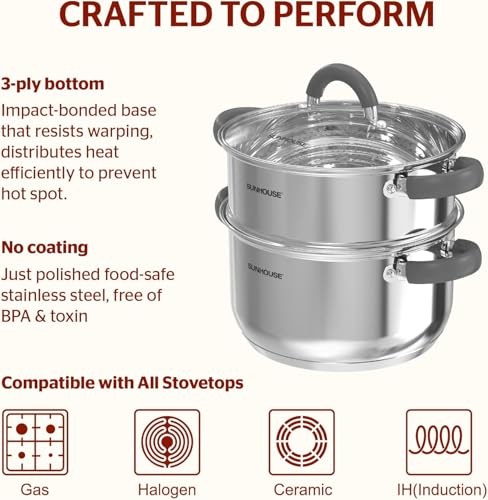 image for SUNHOUSE 3 Quarts Steamer Pots With Lid, 2-Tier Multipurpose Stainless