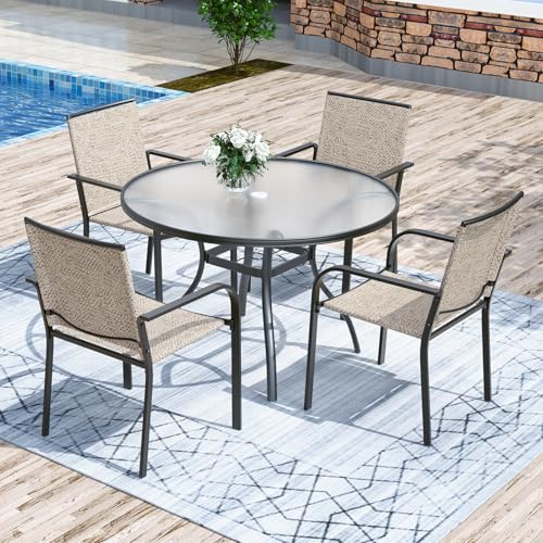Image of Anmutig 5-Piece Outdoor Patio Dining Set, 40-Inch Round Glass Table with 4 Stackable Chairs,Beige Grey