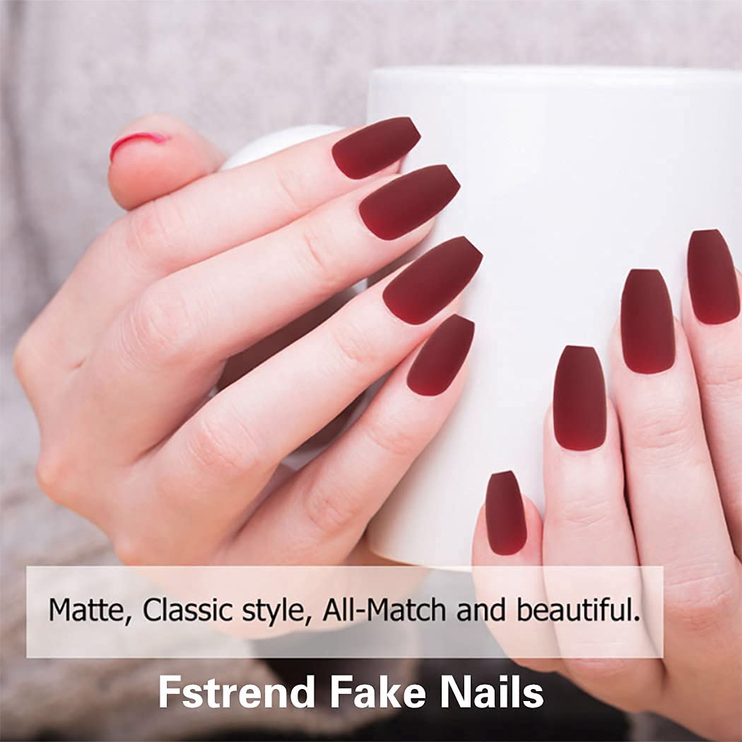 Fstrend Fake Nails Matte Wine Red Full Cover Acrylic False Nails Coffin Shape Punk Fashion Party Clip On Nails For Women And Girls 24pcs Amazon Ae Beauty
