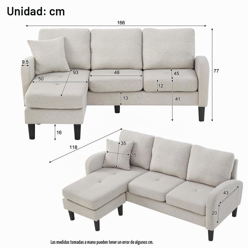 Sofá esquinero con chaise longue intercambiables, sofá de 2 a 3 plazas con 1 cojín, bolsillos laterales, sofá acolchado, patas para sillas de plástico, diseño modular, lino algodón, beige gris (166 x