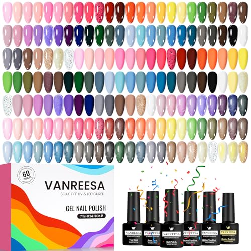 VANREESA Esmaltes Semipermanentes para Uñas, 60 Piezas Rojo Rosa Azul Verde Amarillo Negro Colores Esmaltes Semipermanente Todas las Temporadas, Pintauñas Semipermanentes Nail Art Regalo para Mujeres