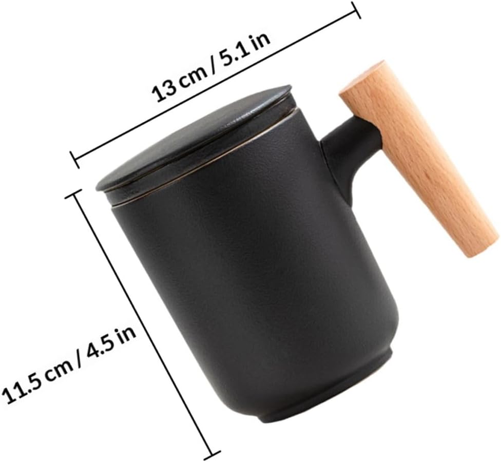 Wakauto Ceramic Tea Mug with Infuser and Wooden Handle Black Sand Glaze Office Tea Cup with Lid for Home and Work Use 1pcs