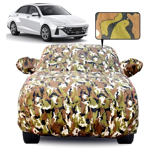 Image of Waterproof Car Body Cover for Hyundai Verna (2017-2022) with Mirror Pocket, Soft Cotton Lining, Triple Stitched, Full Bottom Elastic (Heat Resistant Jungle Print with Red Piping)