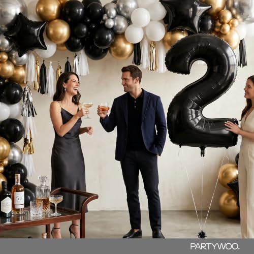 Image of PartyWoo Black Number 2 Balloon 40 Inch 25pcs Black Foil Star White Gold