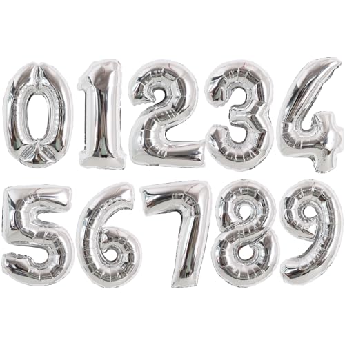 Image of TONIFUL 16 Inch 10 Pcs Fat Silver 0-9 Birthday Number Balloons | Small Custom Digital Mylar Foil Ballons for Birthday Baby Shower Graduation Anniversary 2027 New Year Eve Party Decorations
