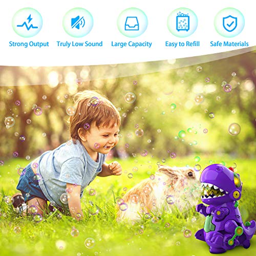 WisToyz Bubble Machine Dinosaur Bubble Blower, Walk & Stay Still Two Settings, Music & Light, Bump N Go Feature, Toddler Toys Bubble Machine for Kids, Two Bottles of Bubble Solution & Screwdriver