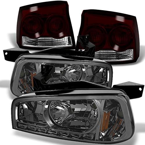 AKKON - For 09-10 Dodge Charger Smoke 1 Piece LED Headlights w/Corner Signal Lamps + Red Smoke Tail Lights Lamps