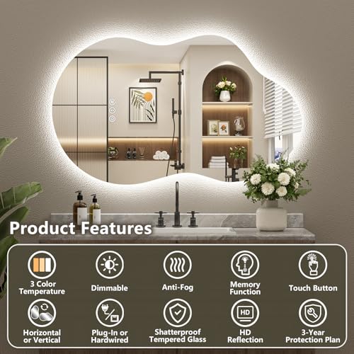 Image of 60x32 Inch Asymmetrical LED Bathroom Mirror with Lights, Backlit, Anti-Fog, Irregular Cloud Lighted Bathroom Vanity Mirror for Wall, Dimmable, 3 Colors, Memory, HD Tempered Glass