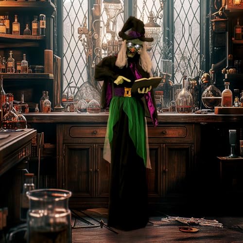 Haunted Hill Farm Life-Size Scary Talking Witch Holding Spell Book, Halloween Animatronic with Touch Activated Lights and Sound, Battery Operated Indoor or Covered Outdoor Halloween Decorations