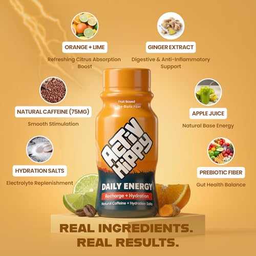 Image of ActivHippy Daily Energy Drink Shots | With 75 mg Natural Caffeine | No Added Sugar | Ginger Lemon Flavour| Pack of 6 x 60 ml